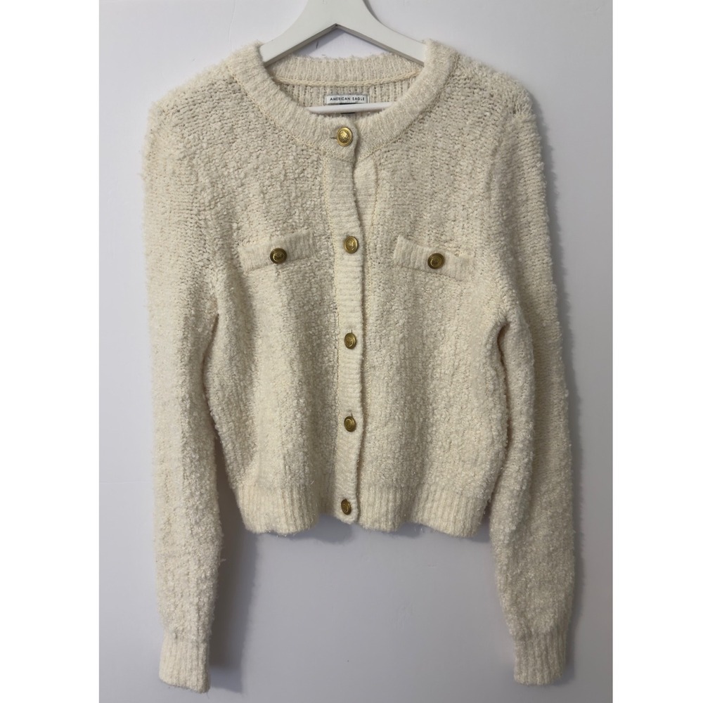 American Eagle Cardigan Sweater Women S‎ Cream Boucle Gold Button Cottagecore